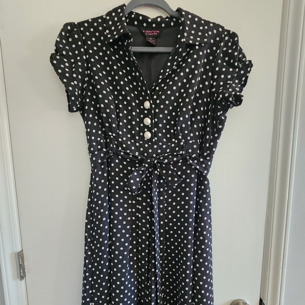 Black polka dot retro dress with pearl buttons